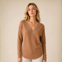 Chompa Mujer Cuello V con Brillo Estilo Murcielago - Camel