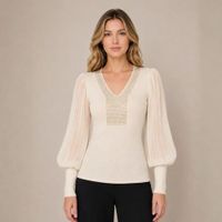 Chompa - Blusa Mujer Cuello V con Brillo y Manga de Gasa Plisada - Crema