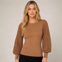 Chompa - Blusa Mujer Cuello Redondo y Mangas con Diseño de Rombos - Camel