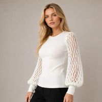 Chompa - Blusa Mujer Cuello Redondo y Mangas con Diseño de Rombos - Blanco