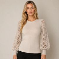 Chompa - Blusa Mujer Cuello Redondo y Mangas con Diseño de Rombos - Crema