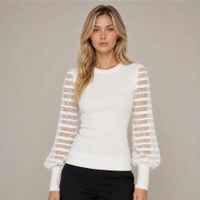 Chompa - Blusa Mujer Cuello Redondo y Mangas con Diseño de Franjas - Blanco