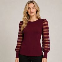 Chompa - Blusa Mujer Cuello Redondo y Mangas con Diseño de Franjas - Vino