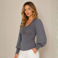 Chompa - Blusa Mujer Cuello V con Brillo  y Manga de Gasa Plisada - Gris