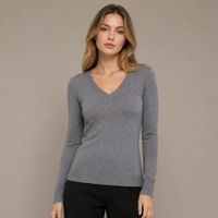 Chompa Mujer Manga Larga Cuello V Llana - Gris