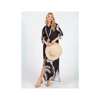 Vestido Mujer Largo Maxi Negro Estampado Tropical Escote en V