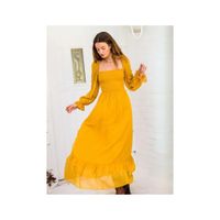 Vestido Mujer Largo Maxi Mostaza Escote Cuadrado Manga Larga con Volantes