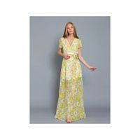 Vestido Mujer Largo Maxi Envolvente Amarillo - Verde Estampado Floral Escote en V