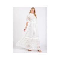 Vestido Mujer Largo Maxi Blanco de Encaje y Bordado Manga Corta