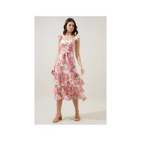 Vestido Mujer Largo Midi Floral Rosado Asimétrico con Volantes
