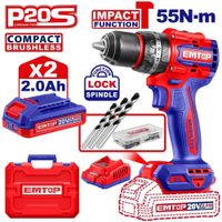 TALADRO PERCUTOR BRUSHLESS CHUCK METÁLICO ½""  20V 55NM 2AH - ECIDL20558 EMTOP