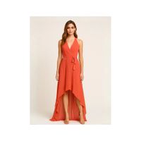 Vestido Mujer Coral  Largo Asimétrico Escote en V con Cinturón