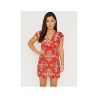 Vestido Corto Rojo con Escote en V y Estampado Geométrico