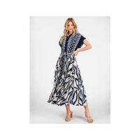 Vestido Mujer Largo Midi Azul Marino y Crema Estampado Escote en V
