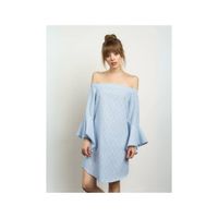Vestido Corto Celeste Off-Shoulder de Rayas Verticales con Mangas Acampanadas