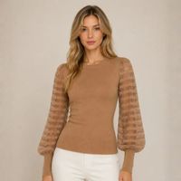 Chompa - Blusa Mujer Cuello Redondo y Mangas con Diseño de Franjas - Camel