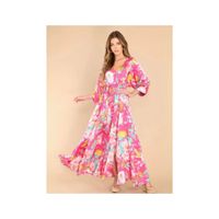 Vestido Mujer Largo Maxi Floral Fucsia Escote en V