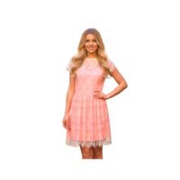 Vestido Corto Mini Mujer Anaranjado de Encaje y Manga Corta