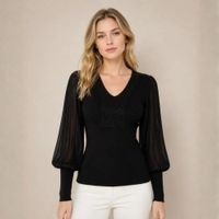 Chompa - Blusa Mujer Cuello V con Brillo y Manga de Gasa Plisada - Negro