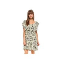 Vestido Corto Beige con Volantes en el Escote y Estampado Floral Negro