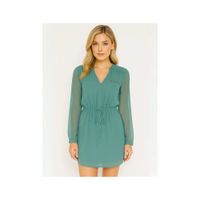 Vestido Corto de Gasa Verde con Manga Larga y Cintura Ajustable