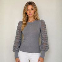 Chompa - Blusa Mujer Cuello Redondo y Mangas con Diseño de Franjas - Gris