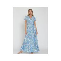Vestido Mujer Largo Maxi Celeste Envolvente Estampado Escote en V