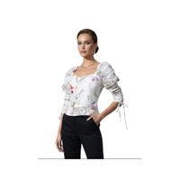 Blusa Top Mujer Blanco Floral Escote Cuadrado y Manga Fruncida
