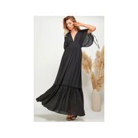 Vestido Mujer Largo Maxi Negro Escote en V y Manga Ajustable