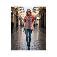 Blusa Top Mujer Estampado Blanco y Rojo Cuello Camisero Manga Corta