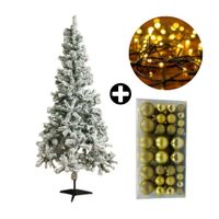 COMBO Orange: Árbol de Navidad 180cm Nevado 530 Ramas + Set de 88 Bolas de Árbol 3/4/6cm Dorado + Tira 10m de 200 Luces con Luz LED Cálida