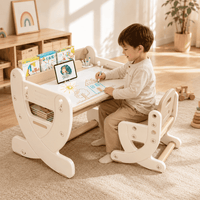 Set Escritorio y Silla Montessori Altura Regulable con Pizarra Acrílica Beige infantil