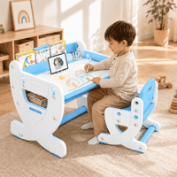 Set Escritorio y Silla Montessori Altura Regulable con Pizarra Acrílica Celeste infantil