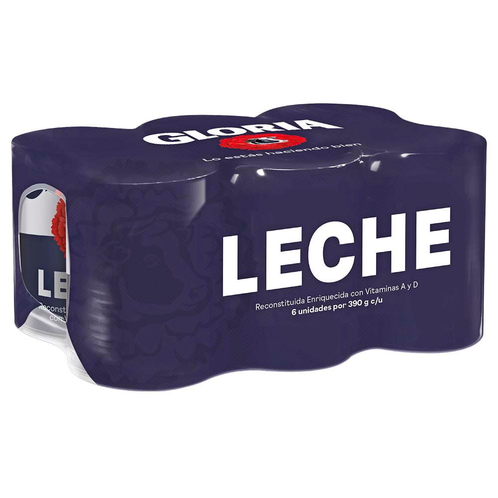 Leche Reconstituida Entera GLORIA Lata 390g Paquete 6un