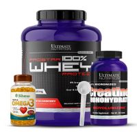 Prostar Whey 5 LB Strawberry + Creatina Ultimate Nutrition 300 G + Omega 3 Herbalmax 100 Cap + Scoop