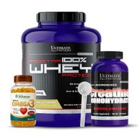 Prostar Whey 5 LB Vainilla + Creatina Ultimate Nutrition 300 G + Omega 3 Herbalmax 100 Cap + Scoop