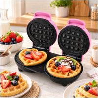 Mini Wafflera Doble Antiadherente Eléctrica Portátil de 640W Rosado
