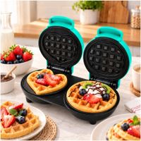Mini Wafflera Doble Antiadherente Eléctrica Portátil de 640W Verde agua