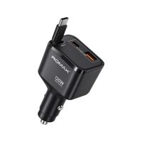 Cargador Vehicular de Carga Rápida 120W 10A con Cable USB-C Retráctil y Puertos USB-A y USB-C