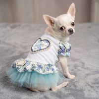 VESTIDO BLANCO ELEGANTE PARA PERRO MASCOTA CON TUL TIPO TUTU Y FLORES AZULES - TALLA S
