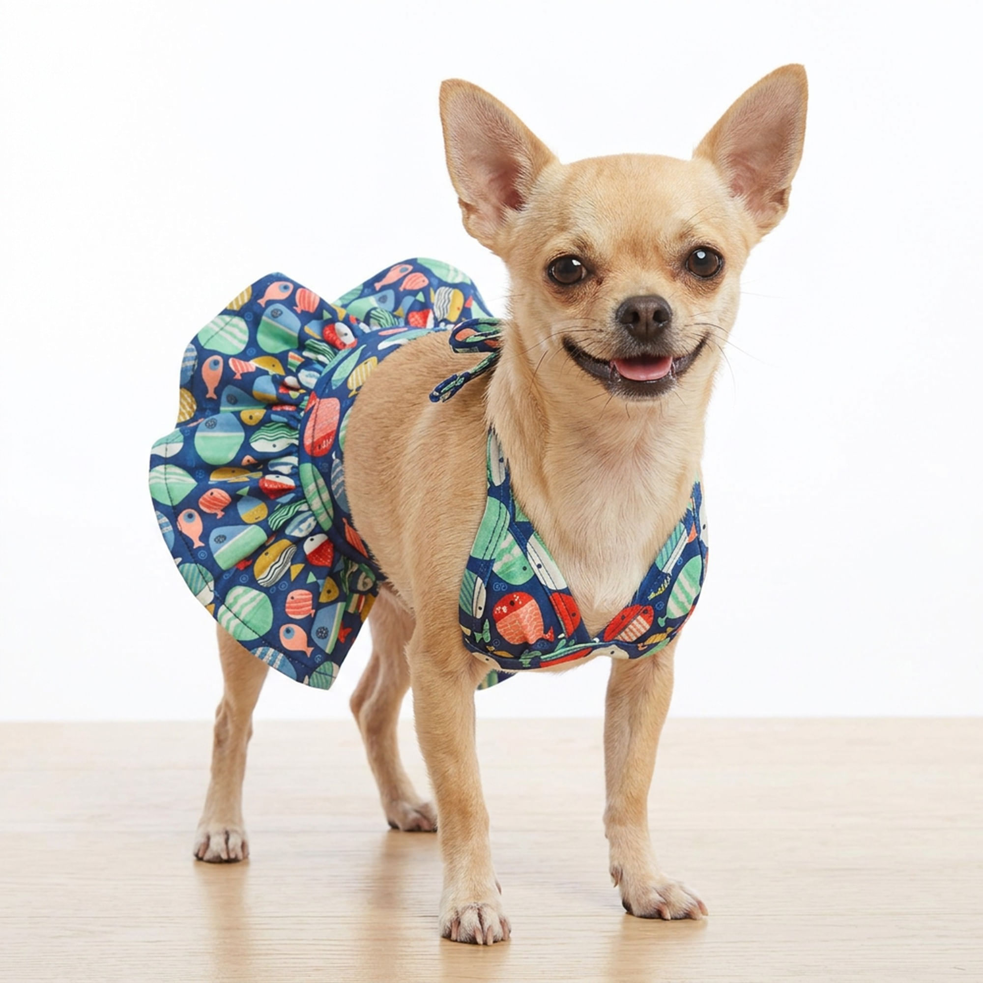 BIKINI PARA PERRO GATO TRAJE DE BAÑO MASCOTA LYCRA PLAYERA DISEÑO PECES VERANO - TALLA S