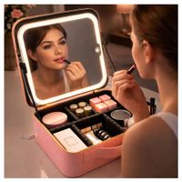 Neceser Organizador De Maquillaje con Espejo Luz Led Portátil Rosado