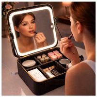 Neceser Organizador De Maquillaje con Espejo Luz Led Portátil Negro