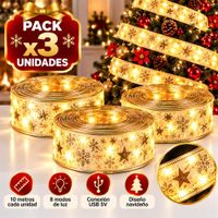 Pack 3 Cintas Decorativas Navideñas LED 10m USB 8 Modos Luz Cálida