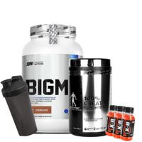 BIGM 2 KG CHOCOLATE Y CREATINA KEVIN LEVRONE 500 GR Y 1 SHAKER Y 3 BOTELLITAS XB