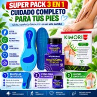 SUPER PACK 3 EN 1 CUIDADO DE PIES CON PLANTILLAS ORTOPÉDICAS CREMA MIGRASTIL Y PARCHES KIMORI