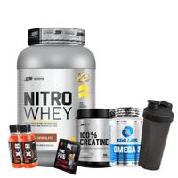 NITRO WHEY 1 KG CHOCOLATE Y CREATINA UN 150 GR Y OMEGA 3 DE 90 CAP Y 1 SHAKER Y 2 XB Y 1 ONE PRE NOX