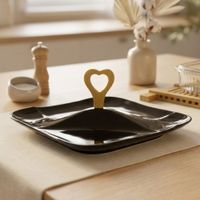 Fuente para Piqueos de Porcelana Negra con Asa de Bambú Corazón