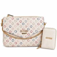 CARTERA CROSSBODY GUESS BEIGE MONOGRAFIADO MULTICOLOR CON CADENA DORADA Y MONEDERO