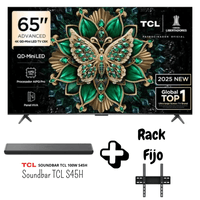 TELEVISOR TCL 65 PULGADAS SMART TV QD MINILED 4K UHD GOOGLE TV 144HZ 65C6K SOUNDBAR TCL RACK FIJO